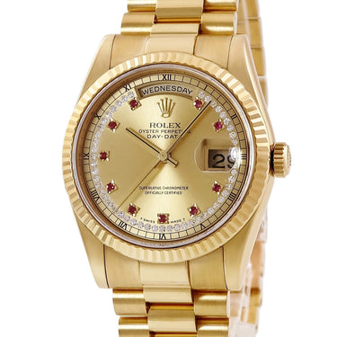腕時計 ロレックス ROLEX デイデイト 36 118238LR P番 自動巻き メンズ P番 K18YG無垢 純正ダイヤ&ルビー フルーテッドベゼル