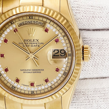 腕時計 ロレックス ROLEX デイデイト 36 118238LR P番 自動巻き メンズ P番 K18YG無垢 純正ダイヤ&ルビー フルーテッドベゼル