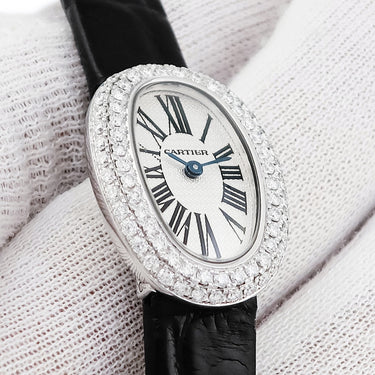 腕時計 カルティエ Cartier ミニベニュワール WB511031 クオーツ レディース K18WG無垢 純正ダイヤ シルバー ローマン オーバル 青針