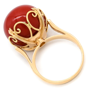 ノンブランド NON BRAND 珊瑚 26.348ct レッド×イエローゴールド K18YG 珊瑚（コーラル） リング 指輪 Au750 18K 18金 大粒 サンゴ さんご コーラル 血赤 セミラウンド 12号