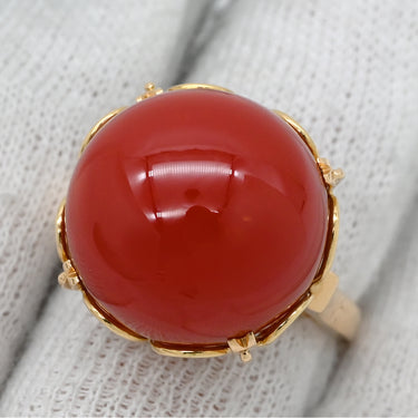 ノンブランド NON BRAND 珊瑚 26.348ct レッド×イエローゴールド K18YG 珊瑚（コーラル） リング 指輪 Au750 18K 18金 大粒 サンゴ さんご コーラル 血赤 セミラウンド 12号