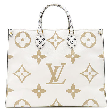 ルイヴィトン LOUIS VUITTON オンザゴーGM M44571 ホワイト×カーキ レザー モノグラムジャイアントキャンバス トートバッグ ゴールド金具 白 緑 ベージュ ショルダー