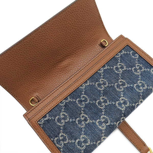 グッチ GUCCI チェーンウォレット ジャッキー1961 チェーン付き ウォレット レザー GGジャガードデニム ブルー×ブラウン ゴールド金具 デニム ショルダー 652681 【保存袋】【中古】 グッチ GUCCI ジャッキー1961 チェーン付き ウォレット 652681 ブルー