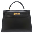 エルメス HERMES ケリー32 外縫い ブラック ボックスカーフ ハンドバッグ ゴールド金具 黒 ※ストラップ欠品