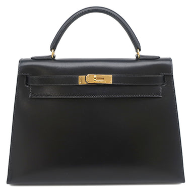 エルメス HERMES ケリー32 外縫い ブラック ボックスカーフ ハンドバッグ ゴールド金具 黒 ※ストラップ欠品