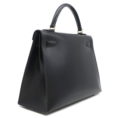 エルメス HERMES ケリー32 外縫い ブラック ボックスカーフ ハンドバッグ ゴールド金具 黒 ※ストラップ欠品