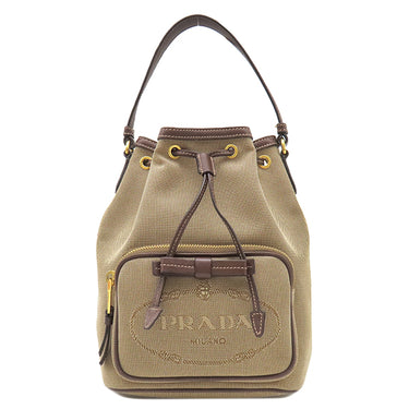 プラダ PRADA ロゴ ジャガード バケットバッグ 1BH038 ベージュ×ブラウン キャンバス レザー 2WAYバッグ ゴールド金具 ハンドバッグ ショルダーバッグ