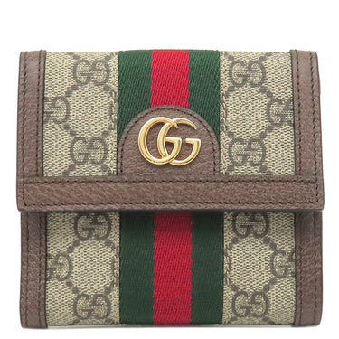 グッチ GUCCI オフィディア Wホック ウォレット 523173 ベージュ＆エボニー GGスプリームキャンバス レザー 二つ折り財布 ゴールド金具 茶 ウェブ シェリーライン