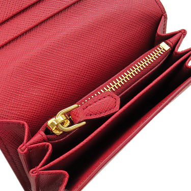 プラダ PRADA サフィアーノ コンパクトウォレット 1MH026 FUOCO レザー 二つ折り財布 ゴールド金具 赤 メタルロゴ ミニウォレット