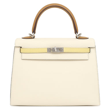 エルメス HERMES ケリー25 外縫い トリコロール ナタ×ジョーヌプッサン×セサミ ヴォーエプソン 2WAYバッグ シルバー金具 アイボリー 黄色 茶