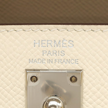 エルメス HERMES ケリー25 外縫い トリコロール ナタ×ジョーヌプッサン×セサミ ヴォーエプソン 2WAYバッグ シルバー金具 アイボリー 黄色 茶