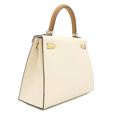 エルメス HERMES ケリー25 外縫い トリコロール ナタ×ジョーヌプッサン×セサミ ヴォーエプソン 2WAYバッグ シルバー金具 アイボリー 黄色 茶