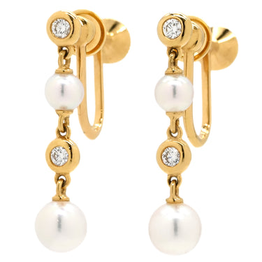 ミキモト MIKIMOTO パール ダイヤ パールホワイト×イエローゴールド K18YG パール ダイヤモンド イヤリング MIKIMOTO 真珠 Au750 18K YG ねじ式 ドロップ スウィング
