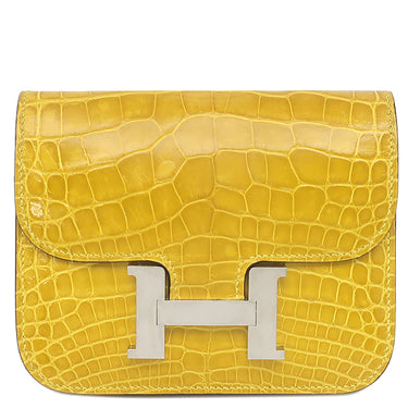 エルメス HERMES コンスタンス スリム ウォレット ミモザ アリゲーター 二つ折り財布 シルバー金具 黄色 クロコ