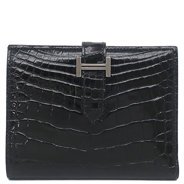 エルメス Hermes ベアンコンパクト ブラック アリゲーター 二つ折り財布 シルバー金具 黒 クロコ