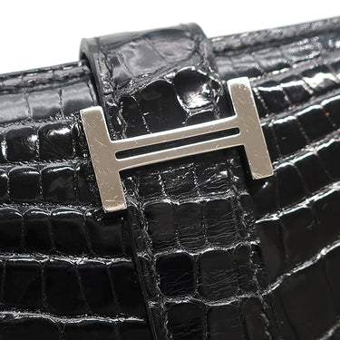エルメス Hermes ベアンコンパクト ブラック アリゲーター 二つ折り財布 シルバー金具 黒 クロコ