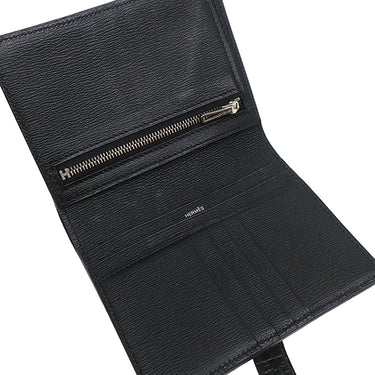 エルメス Hermes ベアンコンパクト ブラック アリゲーター 二つ折り財布 シルバー金具 黒 クロコ