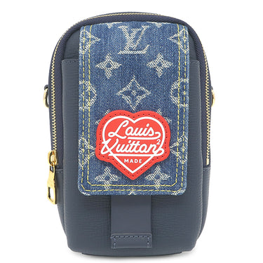 ルイヴィトン LOUIS VUITTON ダブル フォンポーチ M81060 ネイビー モノグラムデニム トリヨンレザー ショルダーバッグ ゴールド金具 NIGOコラボ LV スクエアード コレクション