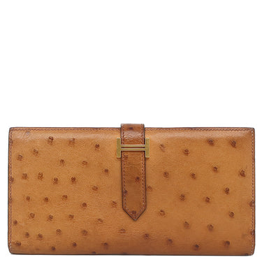 エルメス HERMES ベアンスフレ ゴールド オーストリッチ 長財布 ゴールド金具 茶 二つ折り