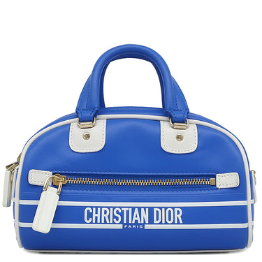 クリスチャン・ディオール Christian Dior ヴァイブ ミニ ボウリングバッグ ブルー×ホワイト レザー 2WAYバッグ ゴールド金具 VIBE ハンドバッグ ショルダー