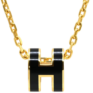 エルメス HERMES ポップアッシュ ミニ ペンダント ブラック×ゴールド GP ラッカー ネックレス Hモチーフ 黒 新品 未使用