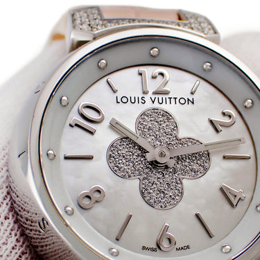 腕時計 ルイヴィトン Louis Vuitton タンブール フォーエバー Q121P クオーツ レディース 純正ダイヤ ホワイト シェル アラビア バー