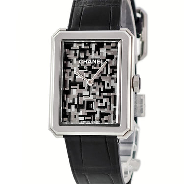腕時計 シャネル Chanel ボーイフレンド ネオツイード ミディアム H6128 クオーツ レディース デイト グレー ブラック 限定