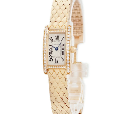 腕時計 カルティエ Cartier タンク アメリカン ミニ WB710012 クオーツ レディース K18PG無垢 純正ダイヤ ギョウシェ 青針