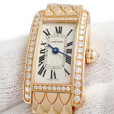 腕時計 カルティエ Cartier タンク アメリカン ミニ WB710012 クオーツ レディース K18PG無垢 純正ダイヤ ギョウシェ 青針