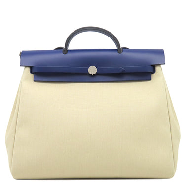 エルメス HERMES エールバッグジップMM 39 ブルーアンクル×ベージュ キャンバス トワルミリタリー ヴァッシュハンター 2WAYバッグ シルバー金具 青 ハンドバッグ ショルダー