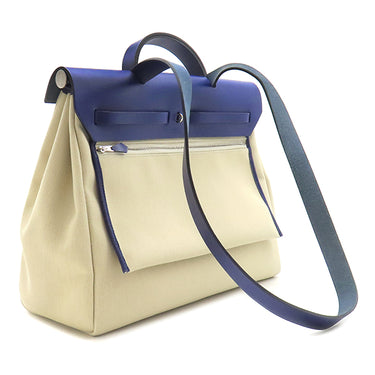 エルメス HERMES エールバッグジップMM 39 ブルーアンクル×ベージュ キャンバス トワルミリタリー ヴァッシュハンター 2WAYバッグ シルバー金具 青 ハンドバッグ ショルダー