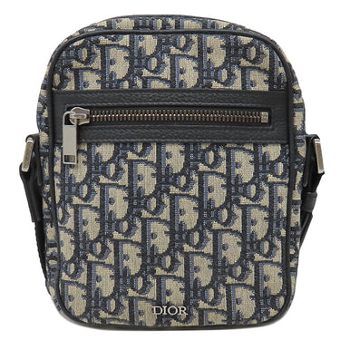 クリスチャン・ディオール Christian Dior オブリーク メッセンジャーバッグ ネイビー×ベージュ キャンバス レザー ショルダーバッグ シルバー金具 紺 ジャガード