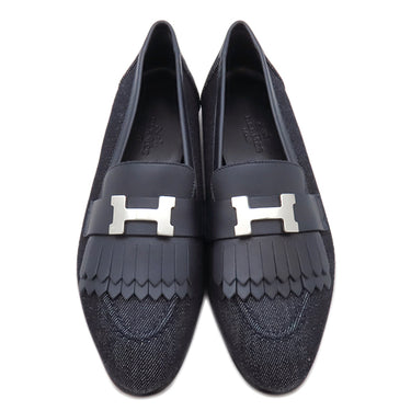 エルメス HERMES ロワイヤル ローファー H231050Z ブルーブリュット×マリン デニム カーフ #35 ローファー シルバー金具 紺 フリンジ H金具 モカシン