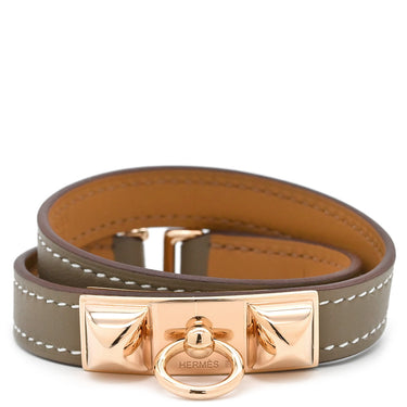 エルメス Herms リヴァル ドゥブルトゥール エトゥープ レザー GP T2 ブレスレット ローズゴールド金具 ピンクゴールド 二重 二連 スタッズ