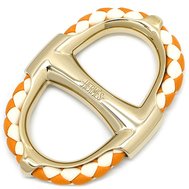 エルメス HERMES シェーヌダンクル トレッセ オレンジ×ホワイト×ゴールド レザー GP スカーフリング カレ90用
