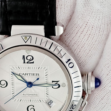 腕時計 カルティエ Cartier パシャ 38 プロンジャー コンベックス グリッド W3105955 自動巻き メンズ OH済 逆回転防止ベゼル