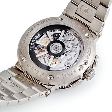 腕時計 ブレゲ BREGUET マリーン クロノグラフ 5527 5527BB/Y2/BW0 自動巻き メンズ K18WG無垢 ブルー ギョウシェ コインエッジ