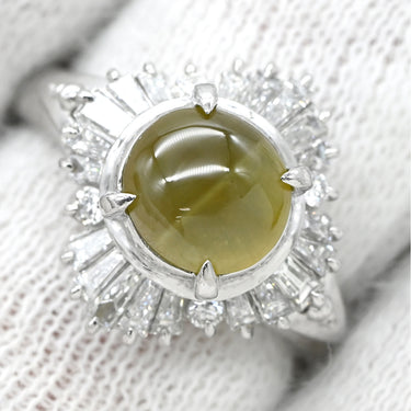 ノンブランド NON BRAND クリソベリル キャッツアイ 2.04ct ダイヤモンド イエローグリーン×プラチナシルバー Pt900 クリソベリルキャッツアイ ダイヤモンド リング 指輪 緑黄色 猫目石 プラチナ Pm900 テーパーダイヤ 12号