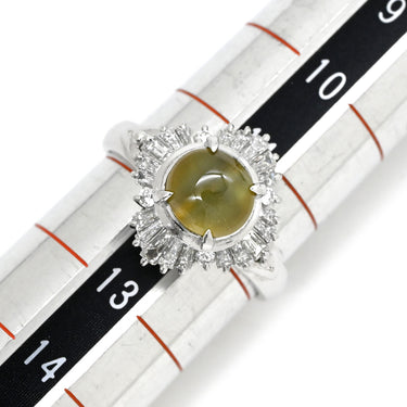 ノンブランド NON BRAND クリソベリル キャッツアイ 2.04ct ダイヤモンド イエローグリーン×プラチナシルバー Pt900 クリソベリルキャッツアイ ダイヤモンド リング 指輪 緑黄色 猫目石 プラチナ Pm900 テーパーダイヤ 12号
