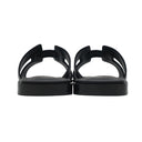 エルメス HERMES オラン H021056Z ブラック ボックスカーフ レザー #39 サンダル 新品 未使用 H型 黒 白ステッチ フラットサンダル