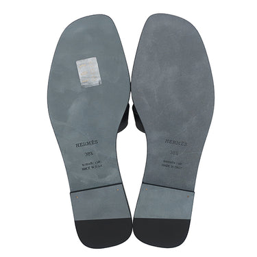 エルメス HERMES オラン H021056Z ブラック ボックスカーフ レザー #38 1/2 サンダル 新品 未使用 H型 黒 白ステッチ フラットサンダル
