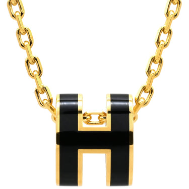エルメス HERMES ポップアッシュ ミニ ペンダント ブラック×ゴールド GP ラッカー ネックレス Hモチーフ 黒 新品 未使用