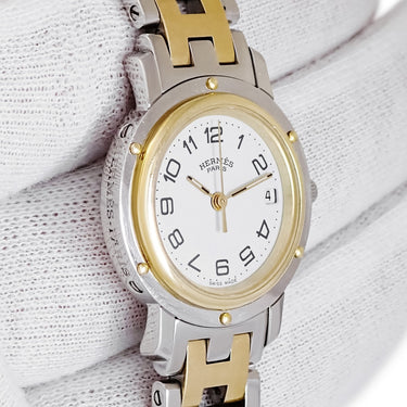 腕時計 エルメス HERMES クリッパー CL4.220 クオーツ レディース ホワイト デイト アラビア Hマークブレス