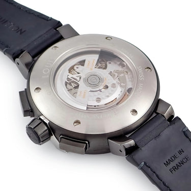 腕時計 ルイヴィトン Louis Vuitton タンブール エボリューション GMT クロノグラフ Q10580 自動巻き メンズ ブラック 黒 PVD デイト