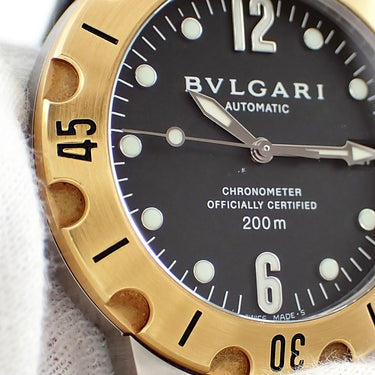 腕時計 ブルガリ BVLGARI ディアゴノ スクーバ SD38SG 自動巻き メンズ K18YG×SS コンビ ブラック アラビア ドット デイト