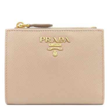 プラダ PRADA メタルロゴ コンパクトウォレット 1ML023 ベージュピンク レザー 二つ折り財布 ゴールド金具 2つ折り