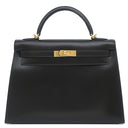 エルメス HERMES ケリー32 外縫い ブラック ボックスカーフ ハンドバッグ ゴールド金具 黒 ハンドバッグ ショルダー