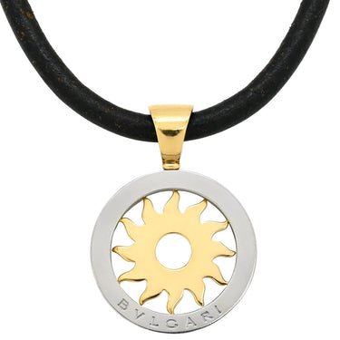 ブルガリ BVLGARI トンド サン チョーカー イエローゴールド×シルバー K18YG ステンレススチール レザー ネックレス K18 750 YG SS 太陽モチーフ レザーストラップ