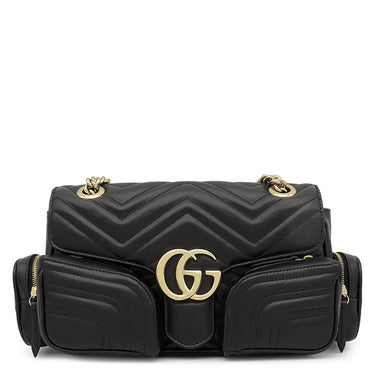 グッチ GUCCI GGマーモント 795228 ブラック レザー ショルダーバッグ シャンパンゴールド金具 チェーンショルダー 黒