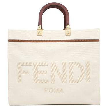 フェンディ FENDI サンシャイン ミディアム 8BH386 アイボリー ファブリック レザー 2WAYバッグ ゴールド金具 白 トート ショッピングバッグ